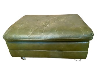 Mid Century Green Leather Ottoman On Casters