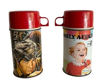 Two Vintage TV Lunch Box Thermoses - Davy Crocket & Family Affair