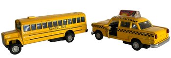 Sixteen Hot Wheels & Lesney Yellow Taxis & School Bus Diecast Vehicles