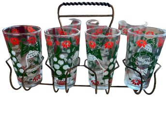 Set Of 8 Vintage Christmas Glasses With Metal Carrier