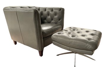 Modernist Tufted Grey Leather Chair And Swivel Ottoman