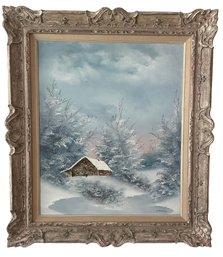 Signed Oil On Canvas Painting Of Snowy Lodge By L. Smiulding