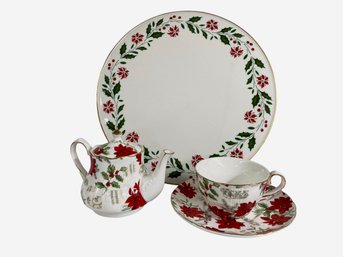 Royal Dalton Porcelain Christmas Serving Platter With Single Serve Tea Pot And Matching Cup By Grace Tea