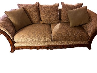Vintage French Inspired Oversized Roll Arm Sofa With Damask Upholstery
