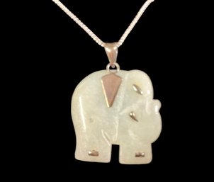 Jade Carved Elephant Necklace With Sterling Silver Accents