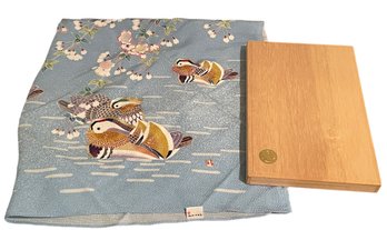 Stunning Japanese Silk Scarf Textile With Ducks & Cherry Blossoms