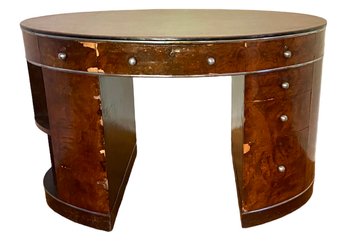 Vintage Oval Burl Wood Desk With Leather Top