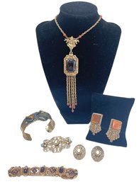 Vintage Neckpiece, Pin, Earrings And Bracelets - Includes Goldette - 6 Pieces