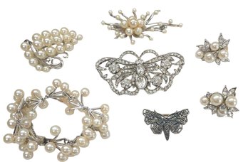 Sterling Silver, Sparkle And Pearls Collection - Pins, Earrings, Bracelet - 6 Pieces