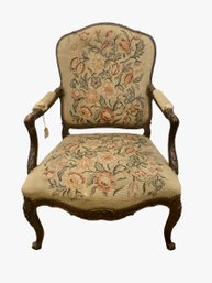Early 20th Century Beautifully Carved Open Arm Chair Needle Point