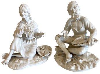 Pair Of Antique Dresden Bisque Fishing Statues