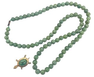 Jade Beaded Neckpiece And Turtle Pin - 2 Pieces