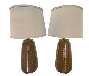 Pair Of Modernist High Gloss Brown Glazed Table Lamps