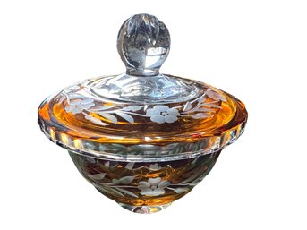 Vintage Amber Lidded Candy Dish With Floral Motif