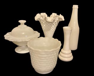 Nice Mixed Set Of Milk Glass Items One Covered Dish