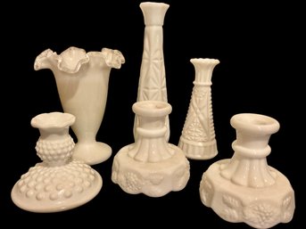 6 Beautiful  Pieces Of Milk Glass 2 Matching Candle Sticks And Beautiful Vase