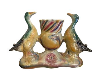 Vintage Italian Iridescent Glazed Ceramic Vase With Ducks