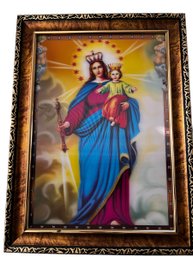 Framed Hologram Image Crowned Virgin Mary And Baby