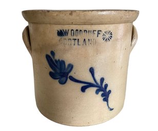 Antique M. Woodruff Cortland Stoneware Crock With Floral Decoration