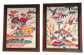 Two Framed Art Hangings Made From Vintage Kimona Silk Material