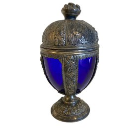 Antique Jennings Brothers Cobalt Glass And Metal Egg Box