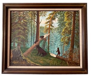 Signed Oil On Board Painting Of Bears At Play In The Woods