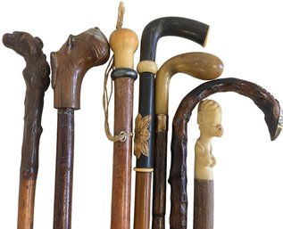 Group Of Seven Vintage Short Carved Cane Walking Stick (GB)