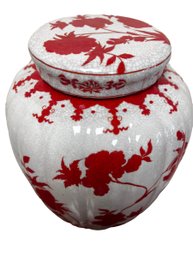 Large Hand Decorated Red / White Ceramic Ginger Jar