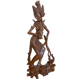 Tall Vintage Balinese Wood Carved Goddess Sculpture