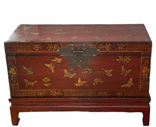 Antique Circa 1880-1900 Painted Butterfly Adorned Chinese Wood Trunk