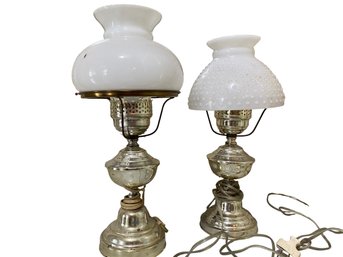 2 Nice Metal Lamps With Milk Glass Lamp Shades One Hob Nail One Smooth