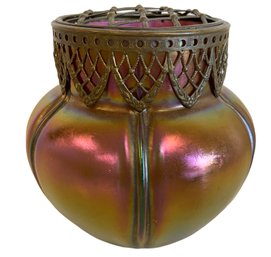 Antique Art Nouveau Glass Vase With Metal Flower Frog Topper