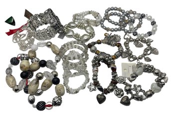 Large Collection Silver Tone Stretch Bracelets - 26 Pieces