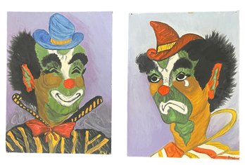 Two Signed Oil On Canvas 'Clowns' By RW
