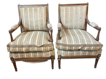 Pair Striped Upholstered And Wood Chairs Nice Detail Sturdy