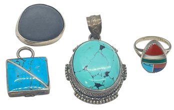 Sterling Silver Pendants And Ring With Turquoise - 4 Pieces 1.5 OZT