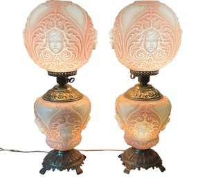Pair Of Antique Pink Blush Glass Baby Face GWTW Table Lamps