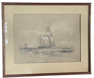 Signed Antique Watercolor /Charcoal' Lord Yarborough Yacht The Kestrel Off The Isle Of Wight' (H)