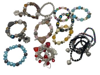 Large Collection Mixed Materials Stretch Bracelets - 15 Pieces