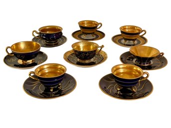 Seven Antique Cobalt Blue And Gold Hand Painted Demi Tasse Cups And Saucers