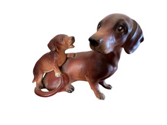 Ceramic Dachshund Mama With Pup Figurine