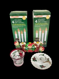 Christmas Lot Votive Holder, Holy Candle Holder, Noel Candle Holder And 8 Window Candles 2 Are Damaged