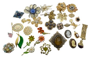Vintage Pin Collection And Two Pendants Includes Cameos - 30 Pieces