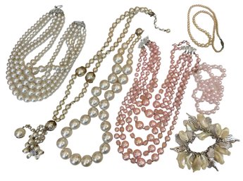 Faux Pearl Neckpiece Collection With Shell Bracelet - 7 Pieces