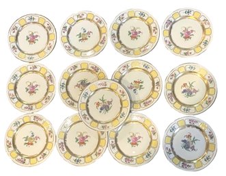 Fourteen Antique Black Knight Hohenberg Bavarian China Yellow Floral With Gold Salad Plates