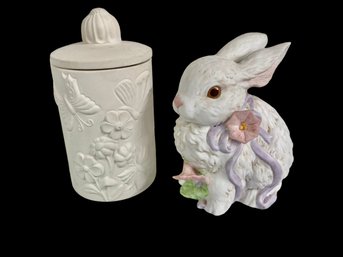 Bunny Porcelain Music Box And A Lidded Vessel With Butterflies And Flowers