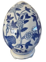 Large Blue And White Porcelain Egg With Floral Bird Motif