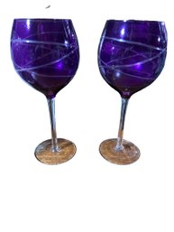 Pair Of Purple Glass Wine Goblets