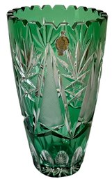 Vintage Czech Bohemian Cut Crystal Emerald To Clear Vase