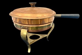 Copper And Brass Serving Pan With Lid On Stand For A Sterno